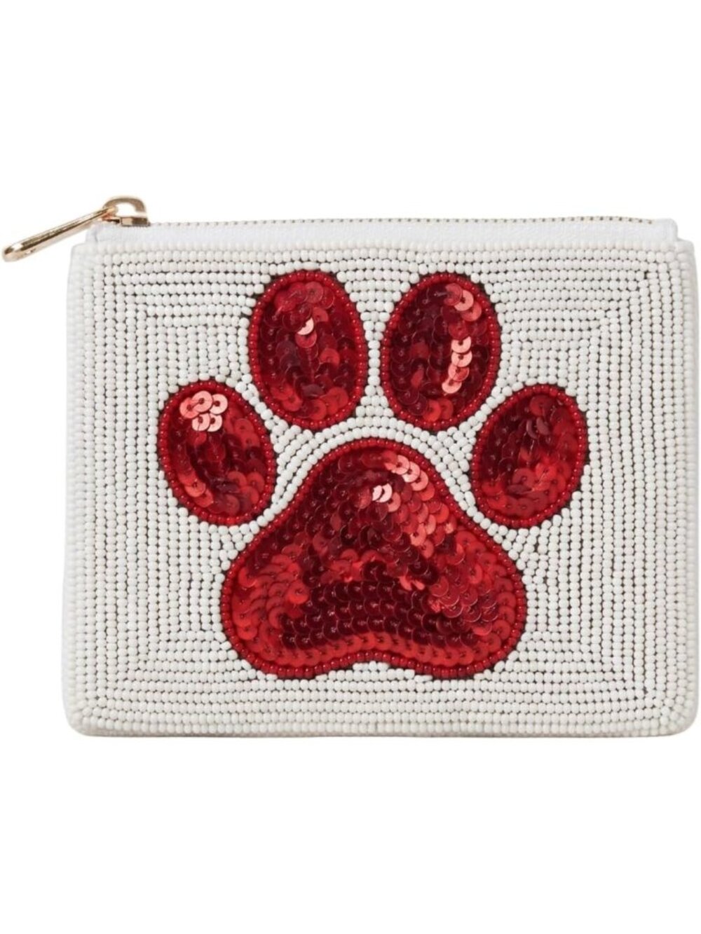Red Beaded Coin Purse with Zipper, Paw Print Design, Cute Change Wallet